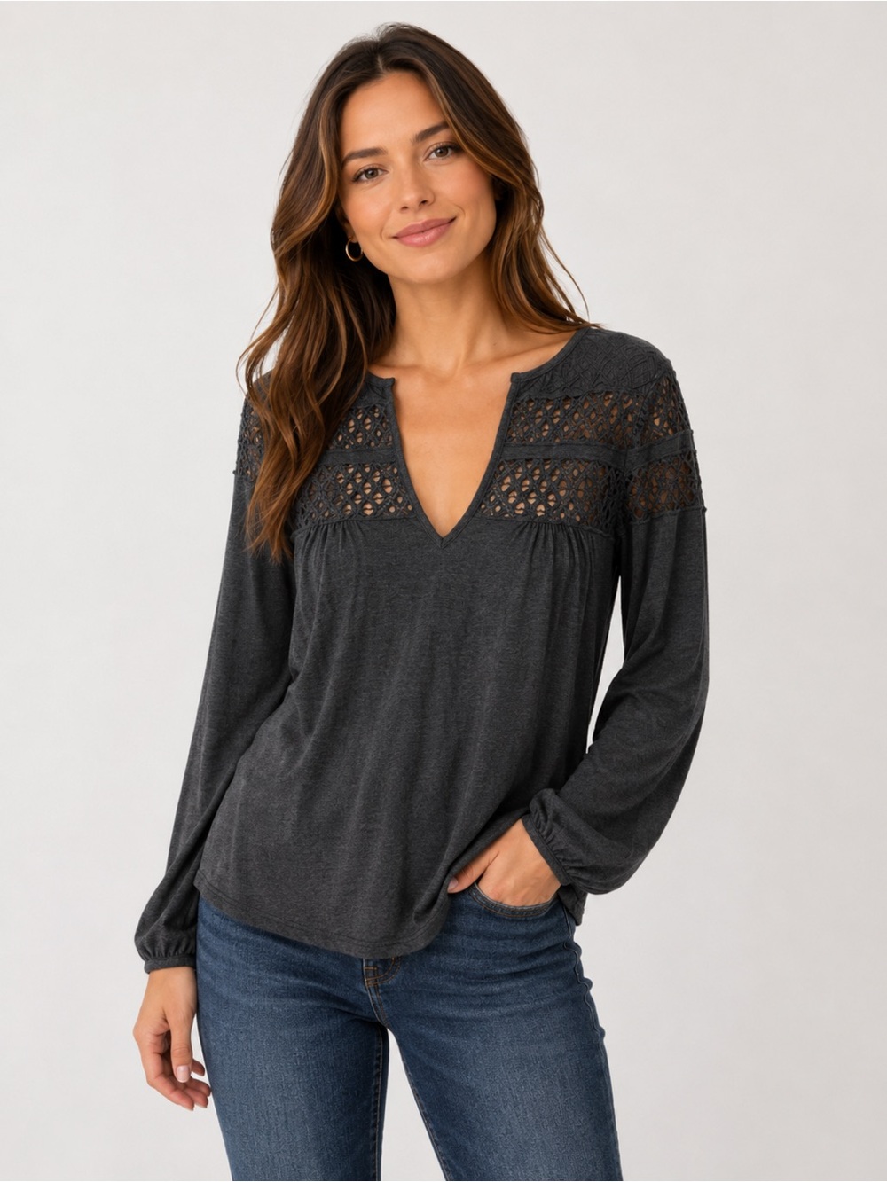 Blu clover top charcoal gray long sleeve top, Sz M